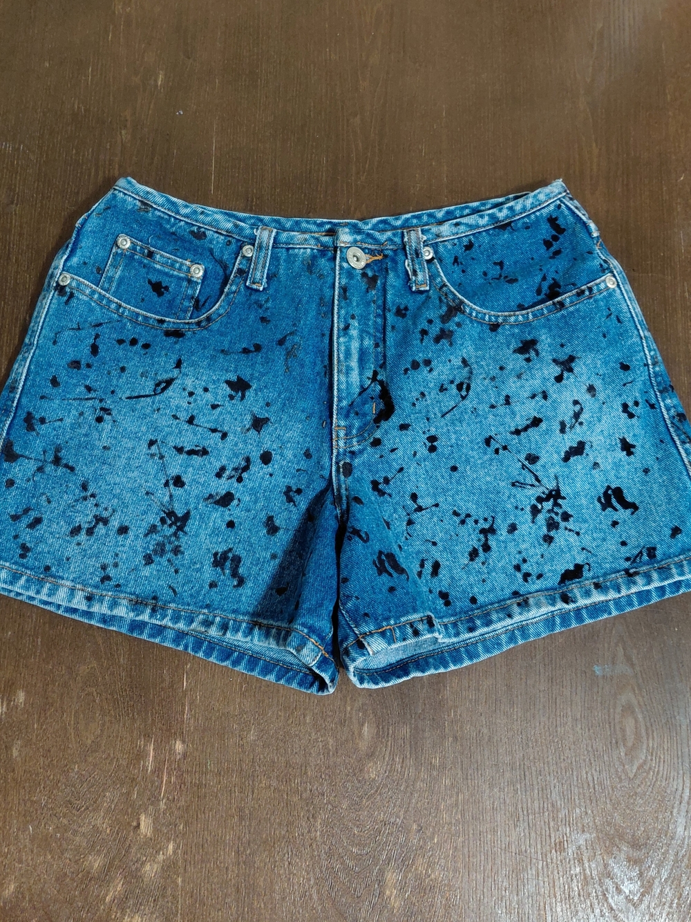 Vintage L.A Blues Black Velvet Texture Splatter Blue Jean Denim Shorts